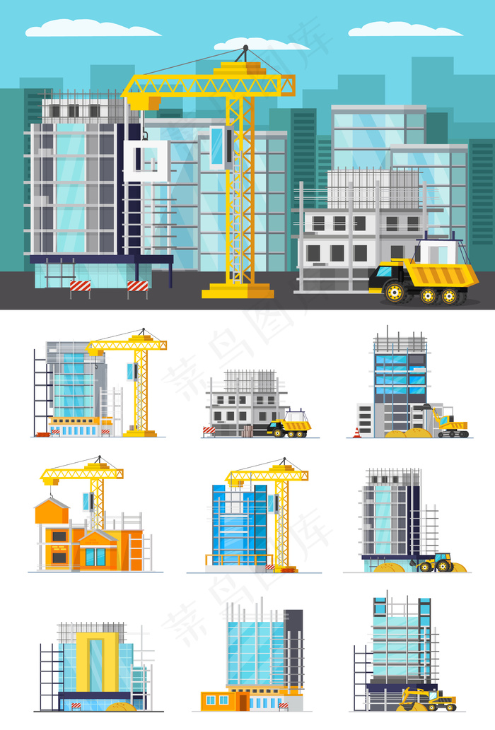 建筑物图解和一组独立建筑物eps,ai矢量模版下载
