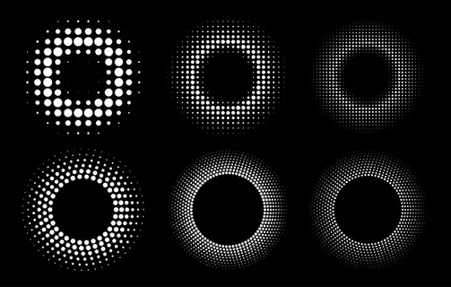 半色调圆形虚线框集。孤立在白色背景上的圆点。