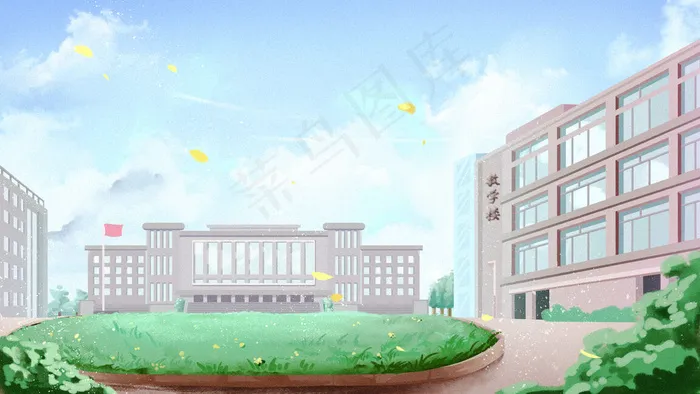 开学季绿色日系学校教学楼校园(2880*1620px 300 dpi )psd模版下载