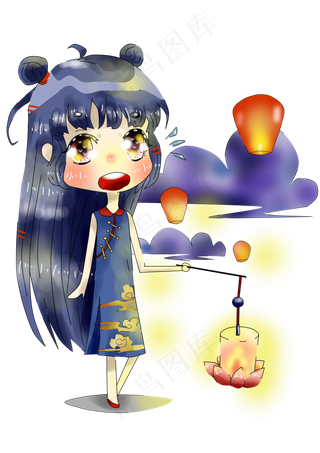 动漫手绘中元节提花灯玩耍放孔明