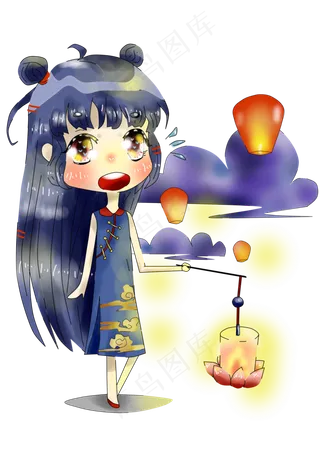 动漫手绘中元节提花灯玩耍放孔明