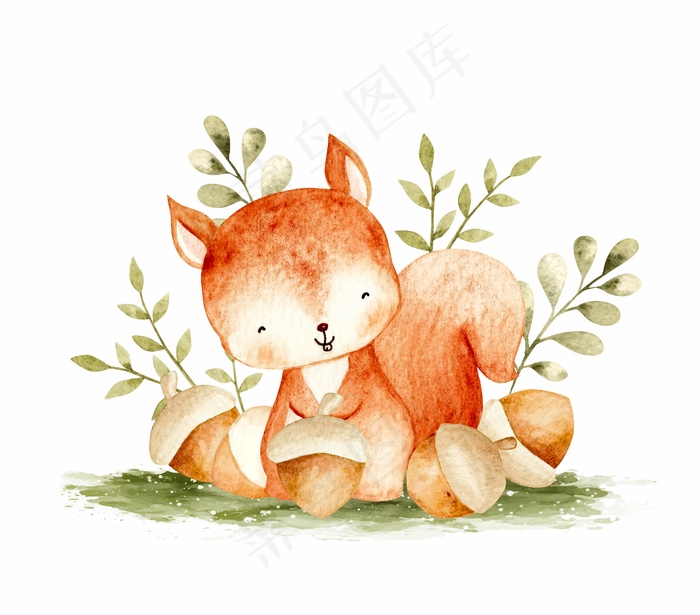 可爱的松鼠与金丝雀水彩插图