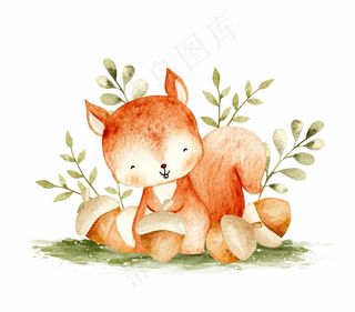 可爱的松鼠与金丝雀水彩插图