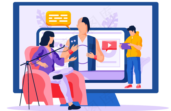 一位女士坐在一张红色扶手椅上，旁边是一个拿着麦克风的展台