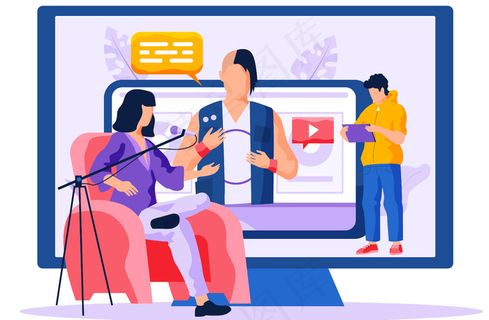 一位女士坐在一张红色扶手椅上，旁边是一个拿着麦克风的展台