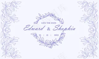 复古圆形蓝色手绘花卉婚礼请柬背景