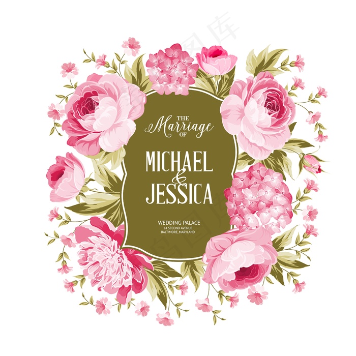 盛开的玫瑰和绣球花框卡。