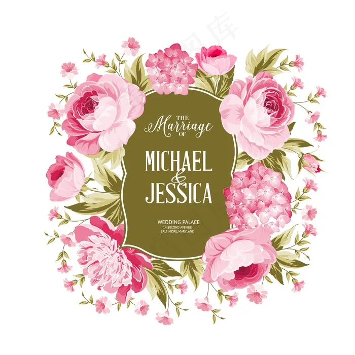 盛开的玫瑰和绣球花框卡。eps,ai矢量模版下载