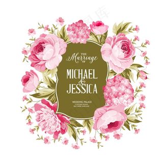 盛开的玫瑰和绣球花框卡。