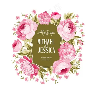 盛开的玫瑰和绣球花框卡。