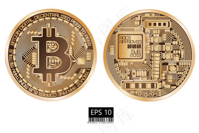 比特币。物理比特币。数字货币。数字加密货币。比特币符号隔离的双面硬币eps,ai矢量模版下载