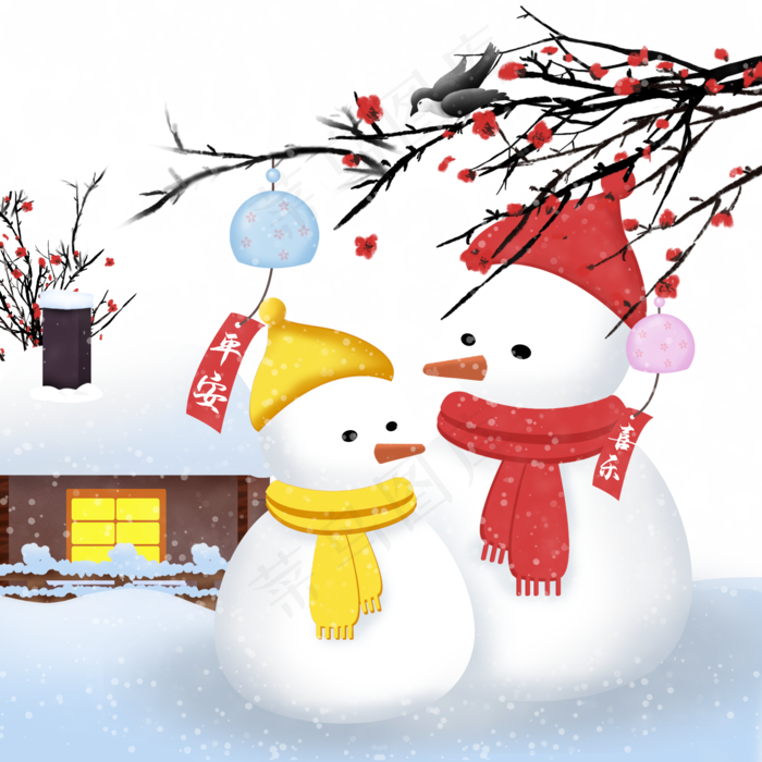 冬天屋子前的雪人(2000X2000(DPI:300))psd模版下载