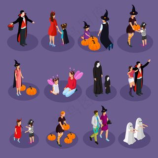 等距万圣节假期收集与人们戴着帽子和服装的吸血鬼女巫鬼