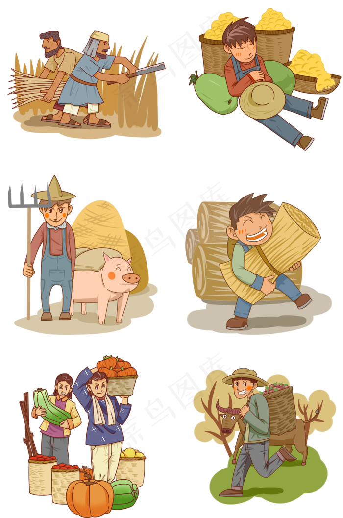 手绘农业大丰收人物场景插画