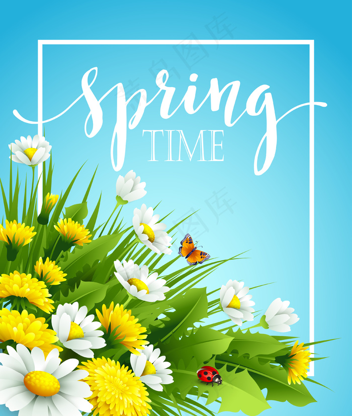 清新的春天背景草，蒲公英和雏菊。插图