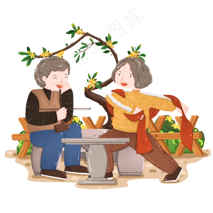 重阳节树下欢欣庆祝的童心老夫妻(2000X2000(DPI:300))psd模版下载