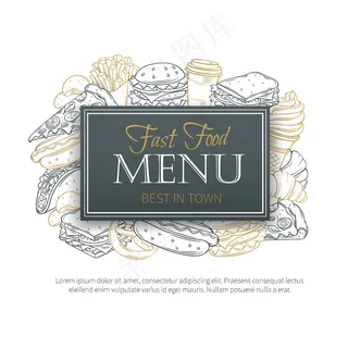 快餐装饰无缝图案。手绘快餐背景。