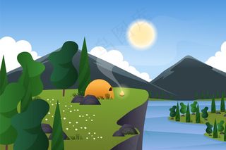 在帐篷和山上露营的春季景观