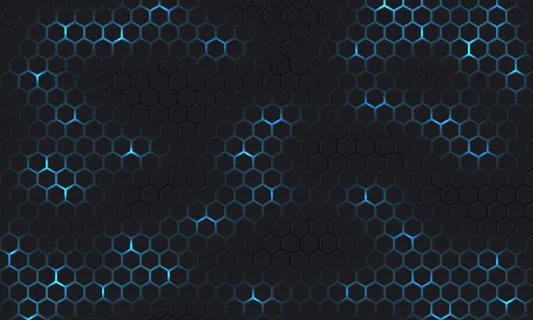 深灰色和蓝色技术的六边形背景与蓝色明亮的能量闪烁下六边形。