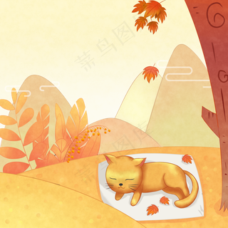二十四节气立秋秋季枫叶黄色猫咪