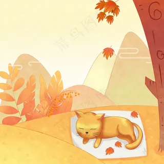 二十四节气立秋秋季枫叶黄色猫咪