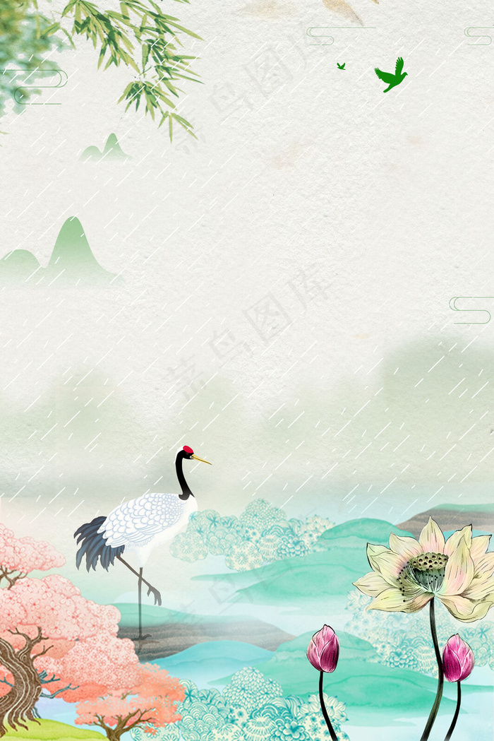 白露二十四节气清新柳叶荷塘白鹤海报