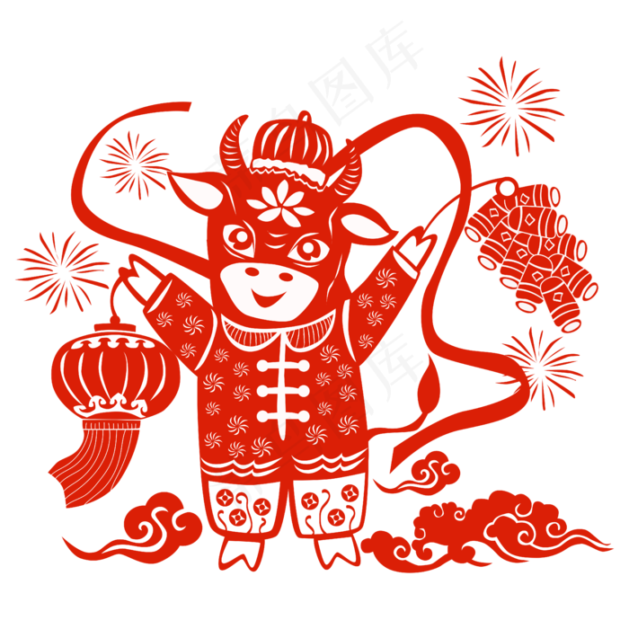 牛年卡通牛剪纸矢量图