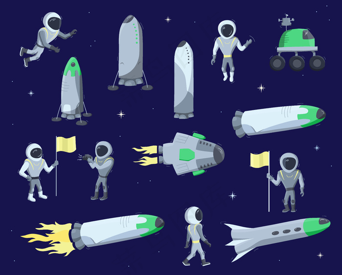 宇宙飞船、火箭、火星车的矢量插图集。涂鸦卡通矢量图标。eps,ai矢量模版下载
