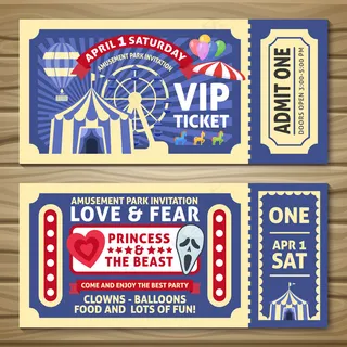 带红丝带的游乐场门票马戏团帐篷气球放在木桌上