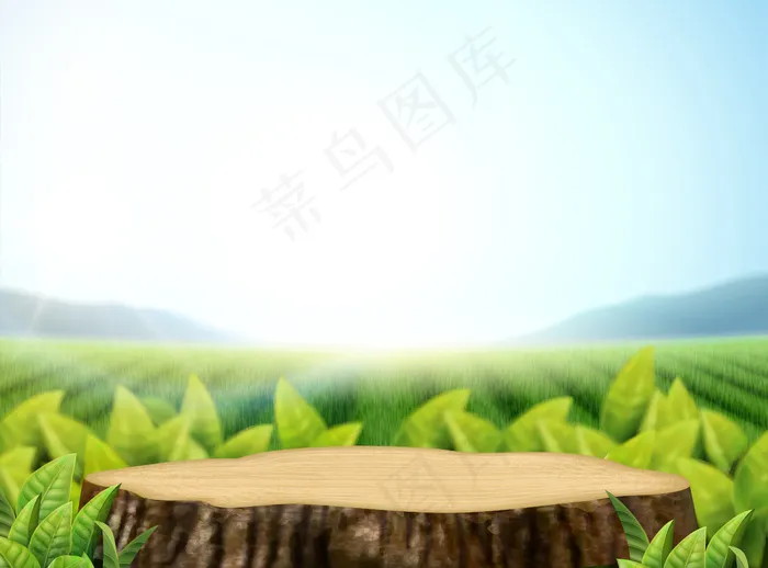 自然茶园背景与叶子和切割树干在 3deps,ai矢量模版下载