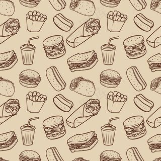 无缝图案与快餐插图图案。海报元素，包装纸。插图