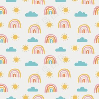 无缝图案太阳，彩虹和云。白色背景上的卡瓦伊壁纸。宝宝可爱的粉彩