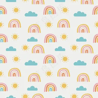 无缝图案太阳，彩虹和云。白色背景上的卡瓦伊壁纸。宝宝可爱的粉彩