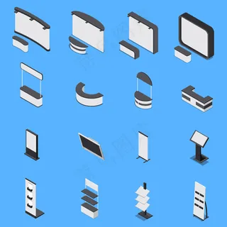 各种展台和架子的等距图，在蓝色背景3d上隔离