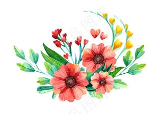 水彩插花与春季植物心形。