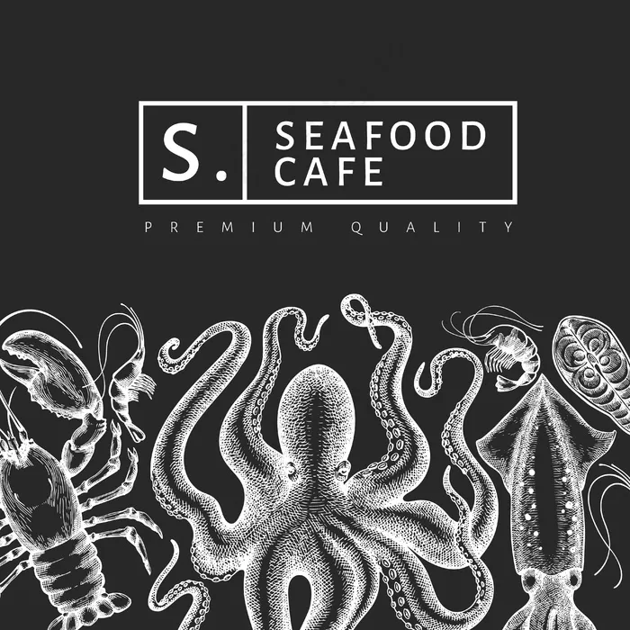 海鲜设计模板。黑板上的手绘矢量海鲜插图。雕刻风格的食品横幅banner。复古海洋动物背景eps,ai矢量模版下载