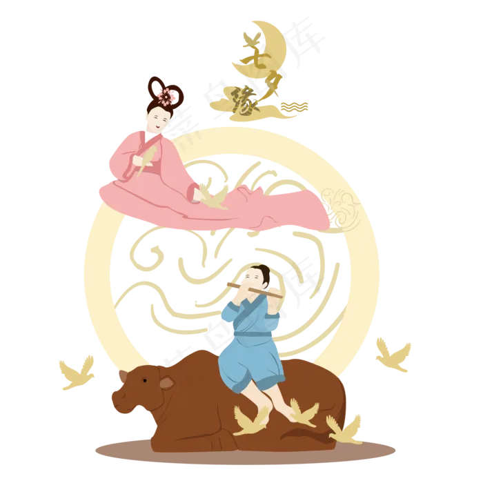 七夕情人节手绘牛郎织女飞天(2000X2000(DPI:300))psd模版下载
