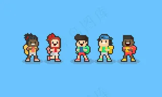 带背包的像素卡通儿童角色。回到学校的概念。8比特。