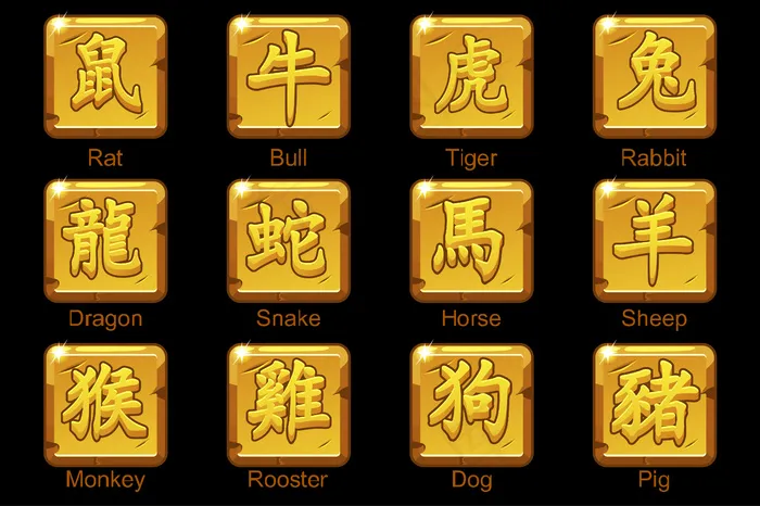 中国的十二生肖象形文字在方形金条上。老鼠，公牛，老虎，兔子，龙，蛇，马，公羊，猴子，公鸡，狗，野猪。金色图标位于单独的图层上。eps,ai矢量模版下载