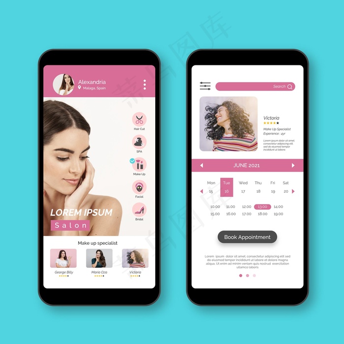 带照片的美容院预订应用程序模板eps,ai矢量模版下载