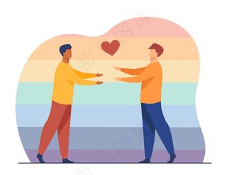 恋爱中的男同性恋夫妇。心形符号，拥抱，彩虹背景。卡通插画