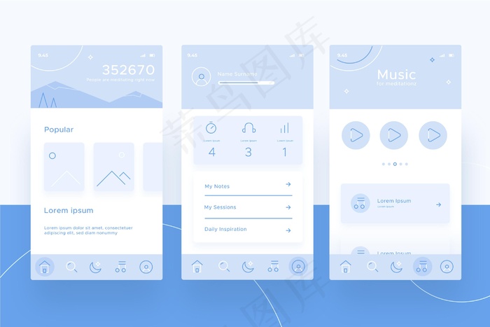 冥想应用程序屏幕集合eps,ai矢量模版下载