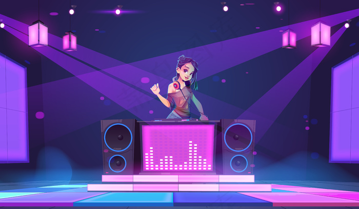 Dj女孩站在夜总会的转盘旁戴着耳机的年轻女子唱片骑师