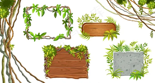 木板和石板。叶藤本植物。