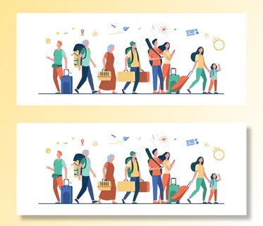 一群提着手提箱和袋子的游客站在机场