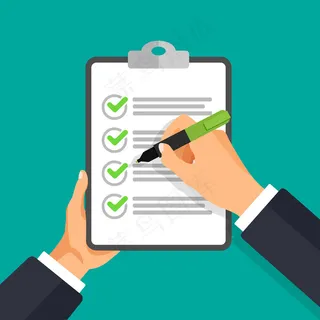 用钢笔在检查单上写字的矢量手。商人在文件上签字。