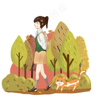 秋季秋日少女树林上学猫咪日系清 秋季秋日少女树林上学猫咪日系清