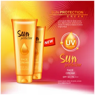 防晒化妆品。杂志插图，广告模板。乳酪管