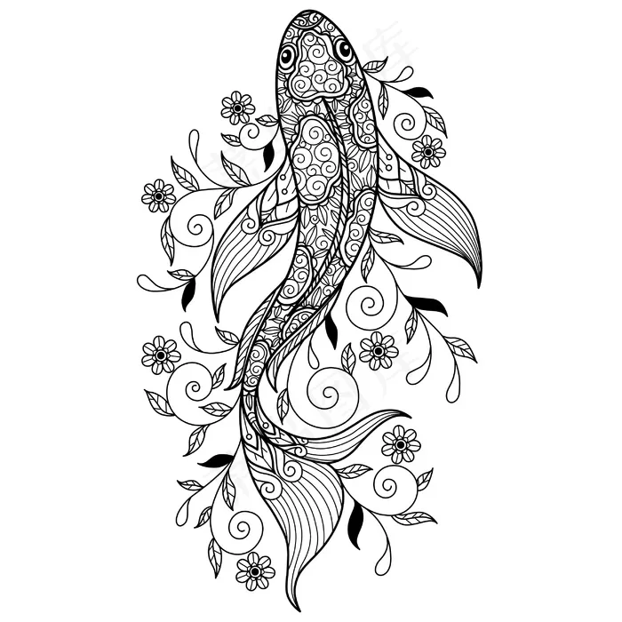 锦鲤。成人绘本手绘素描插图eps,ai矢量模版下载