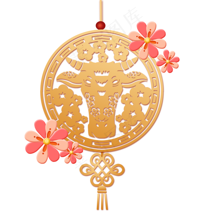 牛年金色剪纸中国结